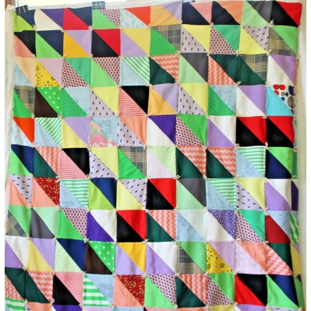 Vintage Handmade Granny Square/Triangle Quilt-Hand Tied, Machine Sewn 97